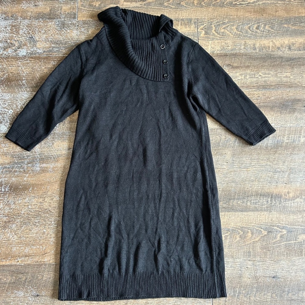 New York & Company Black Button Cowl Neck Sweater Dress XXL 3/4 Sleeve CN050161